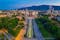 Photo of sunset aerial view of the National Palace of Culture in Sofia, Bulgaria.