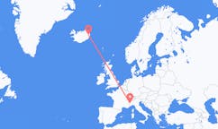 航班从意大利都灵市到埃伊尔斯塔济市，冰岛塞尔