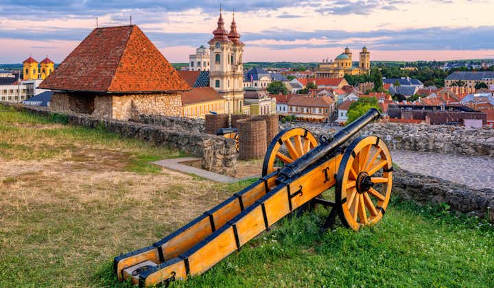 Photo of view over medieval Old town from the historical fortress on sunset, Eger, Hungary.