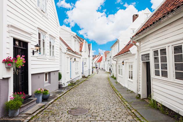 Photo of traditional wooden houses in Gamle Stavanger. Gamle Stavanger is a historic area of the city of Stavanger in Rogaland, Norway.