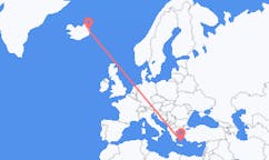 航班从希腊圣托里尼市到埃伊尔斯塔济市，冰岛塞尔