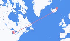 航班从美国卡拉马祖市到埃伊尔斯塔济市，冰岛塞尔