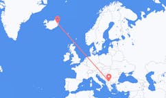 航班从北马其顿斯科普里市到埃伊尔斯塔济市，冰岛塞尔