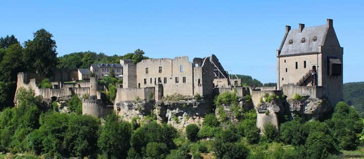 photo of panoramic view of larochette castle ruins in luxembourg.