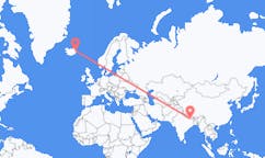 航班从尼泊尔贾纳克普尔市到埃伊尔斯塔济市，冰岛塞尔