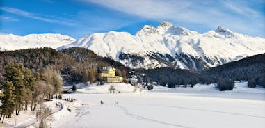 photo of St. Moritz, the famous resort region for winter sport, from the high hill in Switzerland.