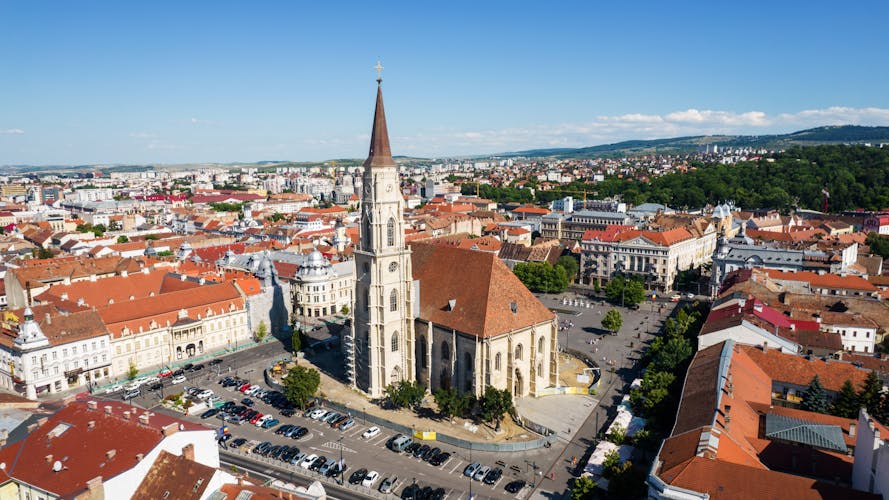 Aerial drone view of Saint Michael Church in Cluj, Romania.