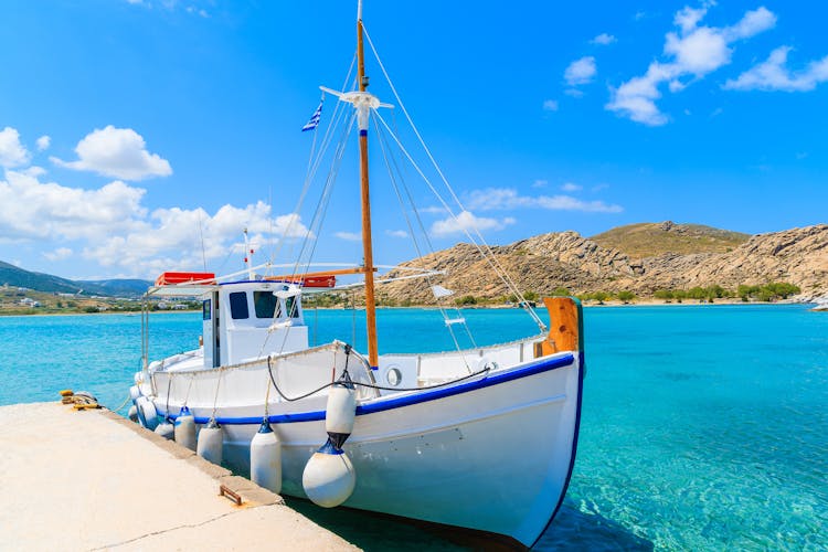 Photo of  fishing boat mooring at Kolymbithres bay, Parikia ,Paros island, Cyclades, Greece.