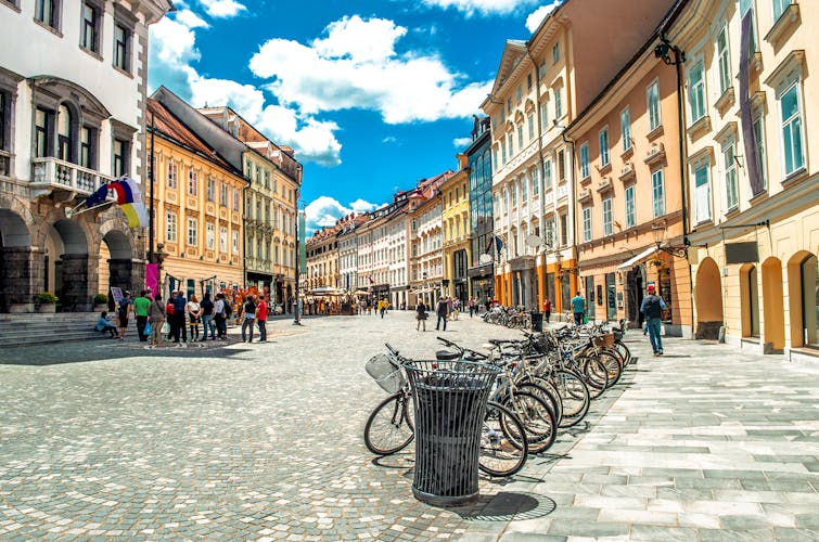 Photo of colorful street Ljubljana summer Lubiana buildings.