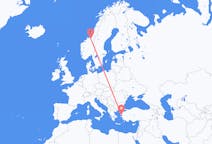 Vluchten van Trondheim, Noorwegen naar Mytilini, Griekenland