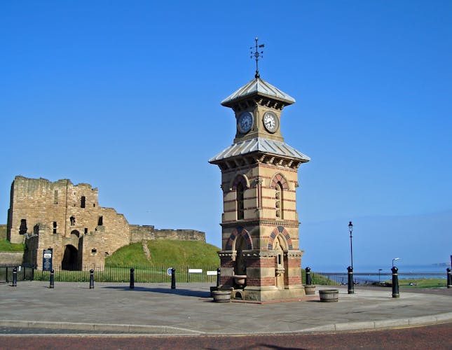 Photo of clock tower and Priory ruins in Tynemouth Newcastle England.