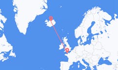 Fly fra byen Sankt Helier, Jersey til byen Akureyri, Island
