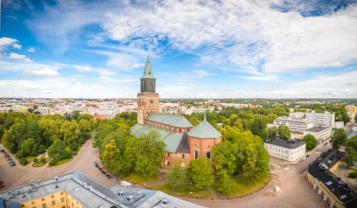 Photo of aerial panorama view of Turku Cathedral in Turku, Finland at summer.