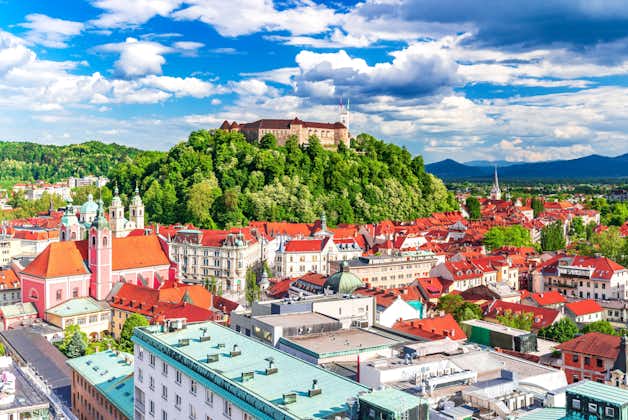 Photo of Ljubljana, panoramic view with old town and castle.