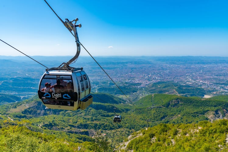 Gondola lift reaching stop at Mount Dajti near Tirana, Albania.