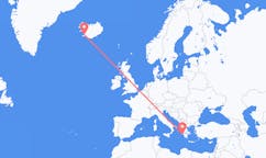 航班从希腊扎金索斯岛市到雷克雅维克市，冰岛塞尔