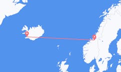 Flyreiser fra byen Reykjavik, Island til byen Trondheim, Norge