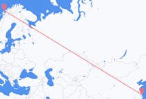 中国の上海から、ノルウェーのアンデネスまでのフライト