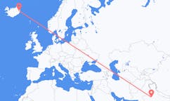 航班从印度斋浦尔市到埃伊尔斯塔济市，冰岛塞尔