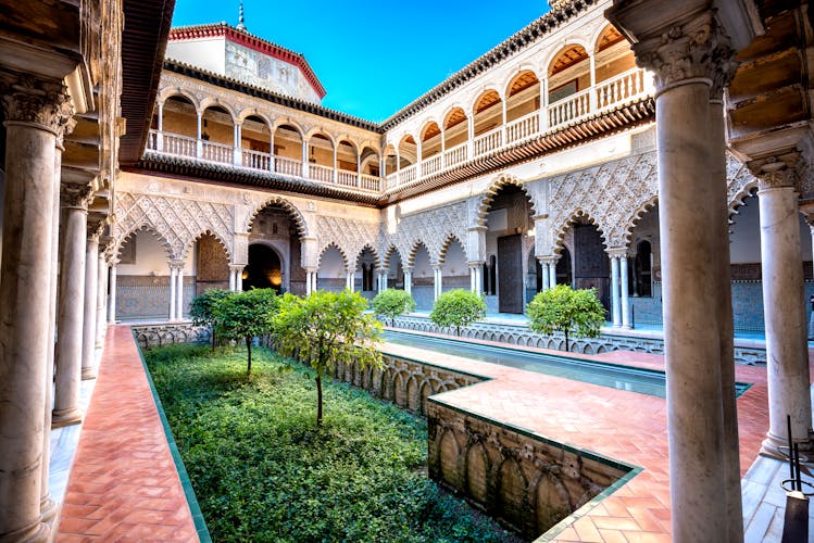 Photo of real Alcazar in Seville. Patio de las Doncellas in Royal palace, Spain.