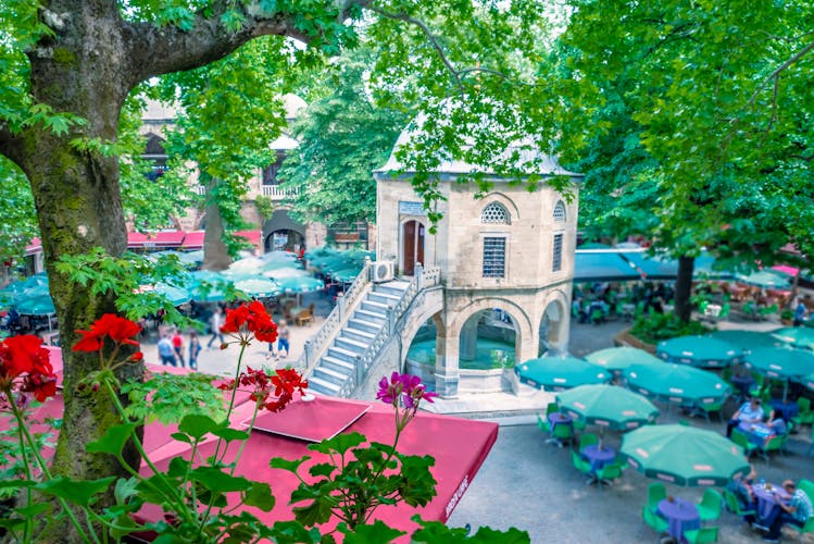 Photo of panoramic view of courtyard of historical Koza Han (Silk Bazaar) in Bursa.