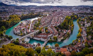 View of the Old Town of Basel with red stone Munster cathedral and the Rhine river, Switzerland.