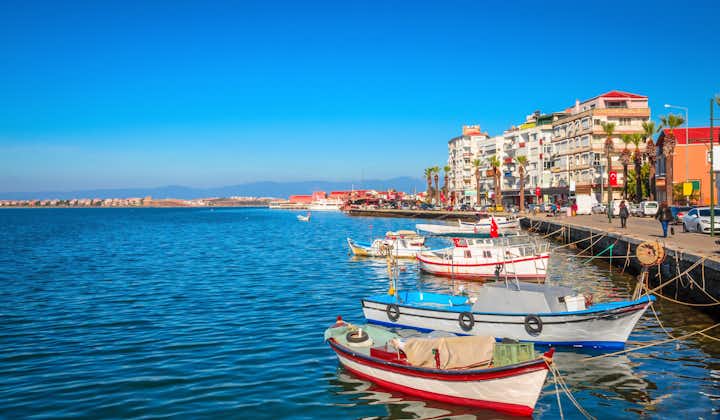 Beautiful sea landscape with boats in city Ayvalik, Turkey.