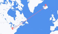 航班从美国列克星敦市到阿克雷里市，冰岛塞尔
