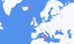 航班从马耳他Valletta市到埃伊尔斯塔济市，冰岛塞尔