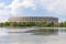 Panorama view of the Documentation Center and Congress Hall of the Nazi Party Rally Grounds in Nuremberg, with the Dutzendteich lake in the foreground, Bavaria, Germany