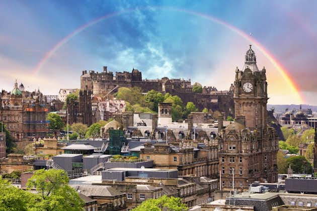Photo of Rainbow over Edinburgh castle, view from Calton hill, Scotland.
