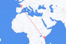 Flyg från Zanzibar, Tanzania till Lourdes (kommun i Brasilien, São Paulo, lat -20,94, long -50,24), Frankrike