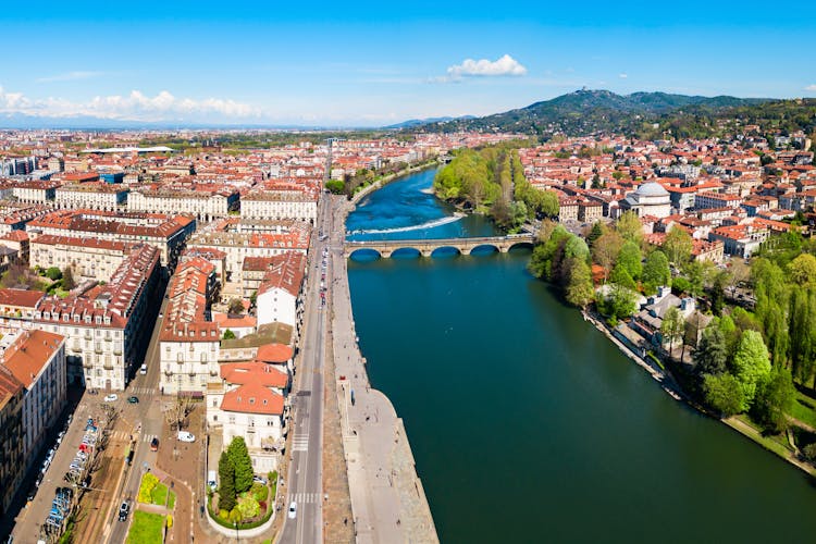 The Po river aerial panoramic view in the centre of Turin city, Piedmont region of Italy.