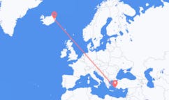 航班从希腊科斯岛市到埃伊尔斯塔济市，冰岛塞尔