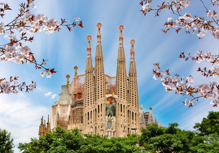 Photo of Sagrada Familia cathedral in spring, Barcelona, Spain.