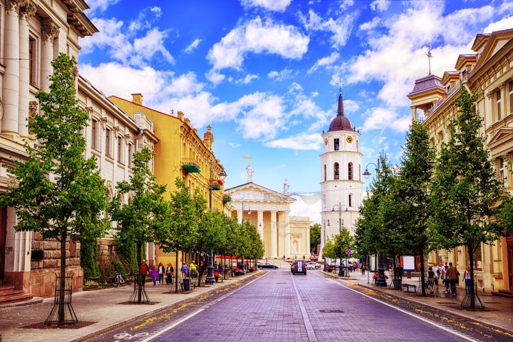 Photo of cathedral square seen from Gediminas Avenue, the main street of Vilnius.