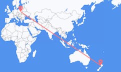 Flyg från New Plymouth, Nya Zeeland till Radom, Polen