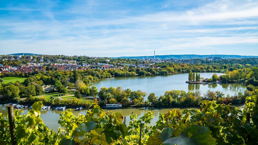 Photo of Germany, Stuttgart panorama view max eyth see lake water neckar river boats and beautiful houses.