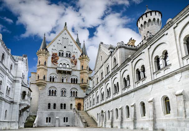 Photo of Neuschwanstein Castle from the inside, Nineteenth-century Romanesque Revival palace in southwest Bavaria, Germany.