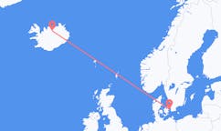 Fly fra byen Akureyri, Island til byen København, Danmark