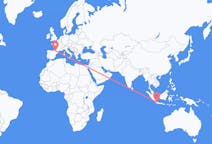 Flyg från Jakarta, Indonesien till Lourdes (kommun i Brasilien, São Paulo, lat -20,94, long -50,24), Frankrike