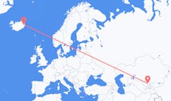 航班从哈萨克斯坦奇姆肯特市到埃伊尔斯塔济市，冰岛塞尔