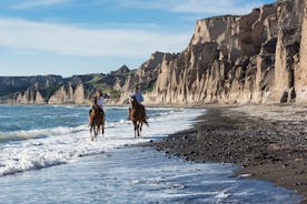 サントリーニ島の黒い砂浜への乗馬