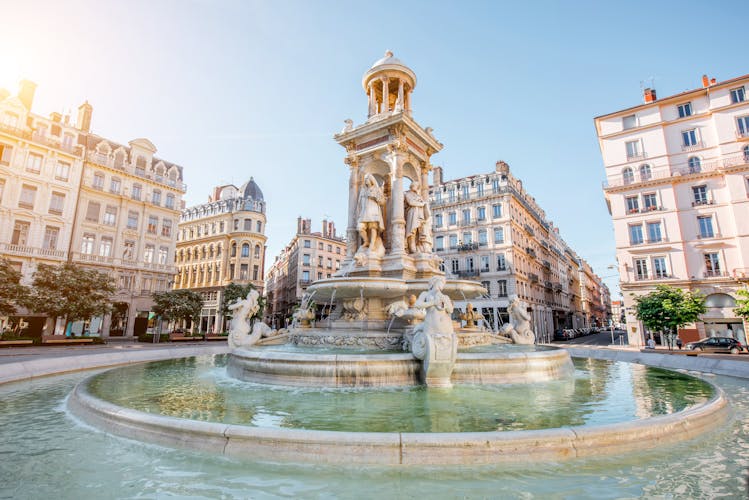 Photo of morning view on Jacobins square and beautiful fountain in Lyon city, France.