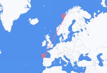 노르웨이 산드네스욘에서 출발해 스페인 산티아고 데 콤포스텔라까지(으)로 가는 항공편