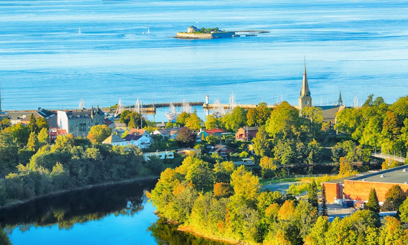  Aerial view of the river Nidelva, the church Ila and Trondheim fjord with the island Munkholmen