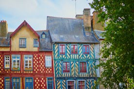 Photo of traditional half-timbered houses in the old town of Rennes, Brittany, France.