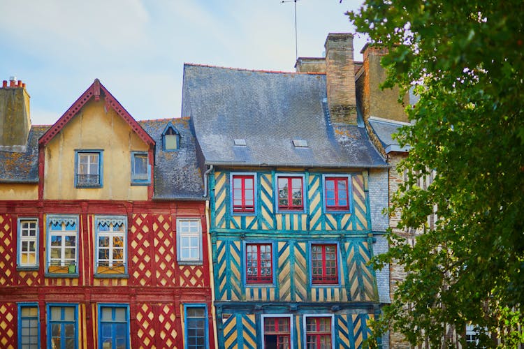 Photo of beautiful half-timbered buildings in medieval town of Rennes.