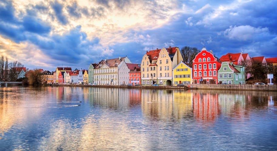Photo of colorful historical houses on Isar river in an old gothic town Landshut by Munich, Germany.
