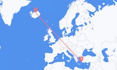 Flyreiser fra byen Kos, Hellas til byen Akureyri, Island